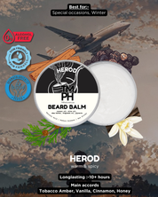 HEROD Tim Ph beard balm packaging with airplane and nature elements on a scenic background