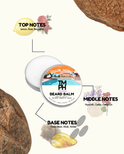 Beard balm container with notes on top, middle, and base notes on a white background
