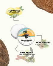 Beard balm container with notes on top, middle, and base notes on a white background