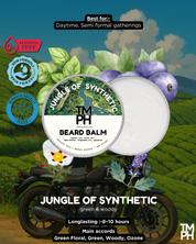 TM PH Beard Balm packaging with a scenic background and motorcycle, featuring brand logos and product details.