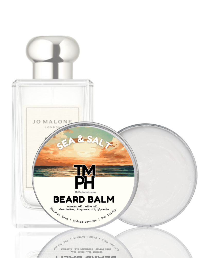 Jo Malone Sea & Salt perfume bottle and T MPH beard balm on a white background