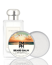 Jo Malone Sea & Salt perfume bottle and T MPH beard balm on a white background