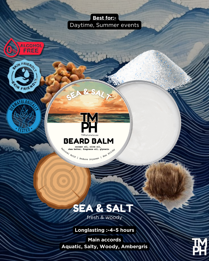 TM PH Sea & Salt Beard Balm packaging with natural elements on a blue wave background