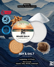TM PH Sea & Salt Beard Balm packaging with natural elements on a blue wave background