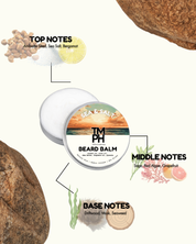Beard balm packaging with notes on top, middle, and base notes on a white background