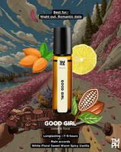 Roll-on bottle labeled 'Good Girl' with chocolate, almonds, and lemon on a fantasy landscape background.