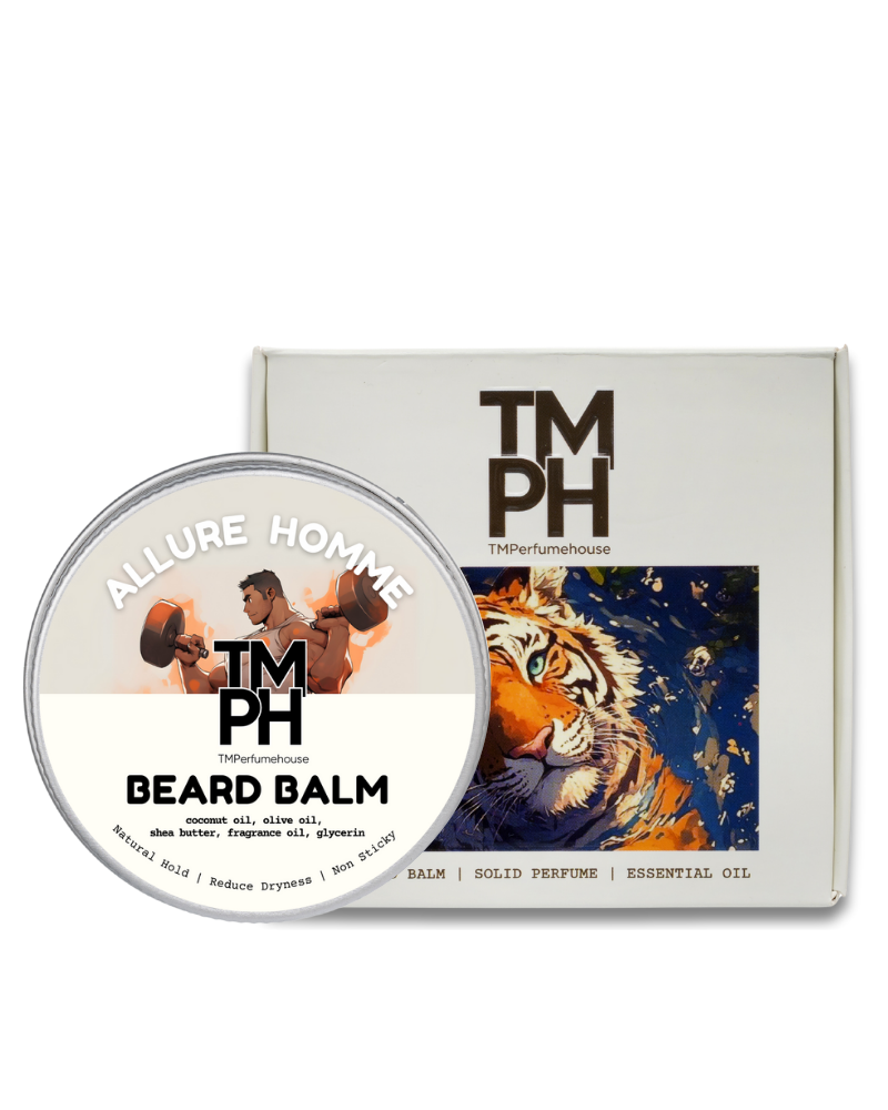 TM PH Beard Balm container with packaging featuring a tiger design on a white background