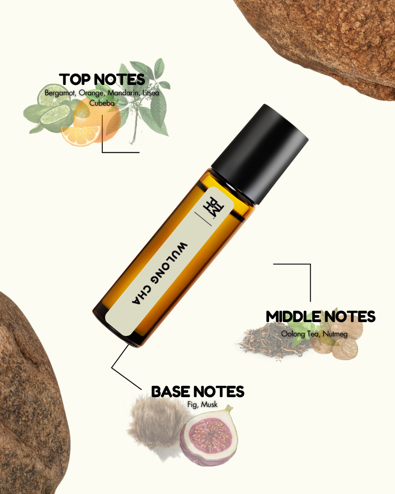 Roll-on bottle with essential oil components labeled on a white background