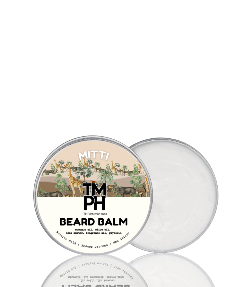 Beard balm container with lid on a white background