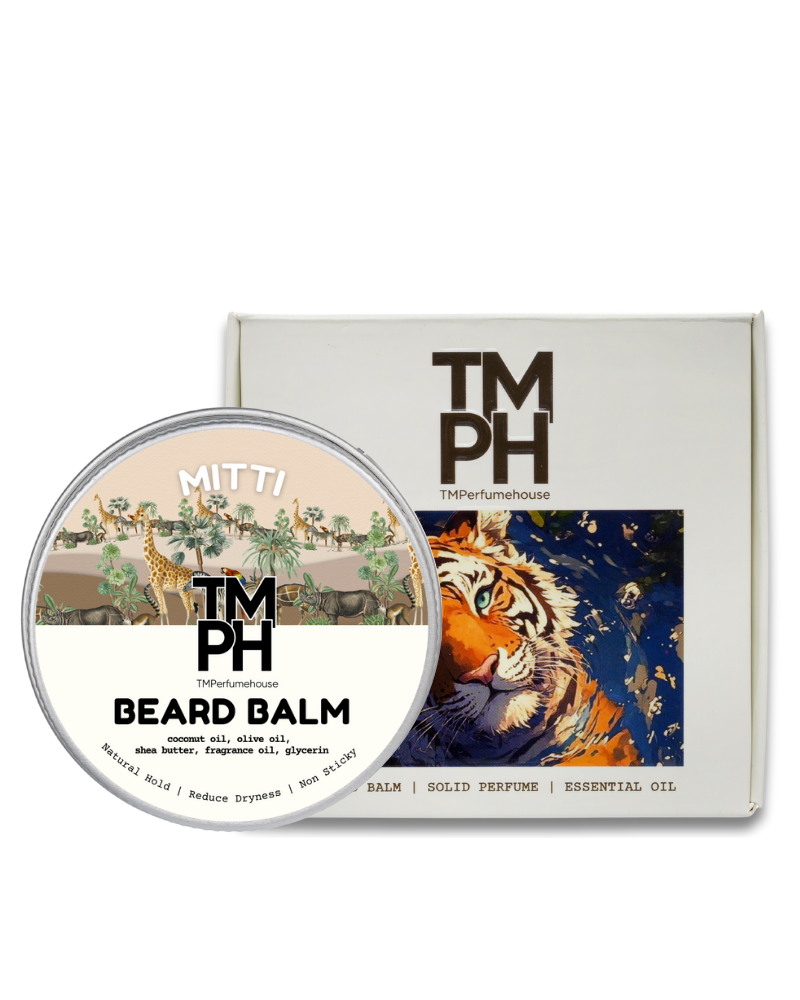 Beard balm container with packaging featuring a tiger illustration and 'TM PH' branding.