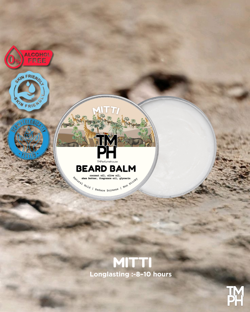 Beard balm container with brand logo on a natural stone background