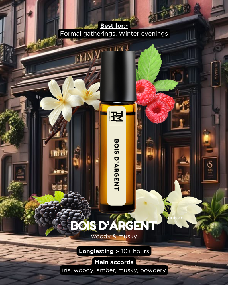 Bois d'Argent perfume bottle with flowers and berries in front of a building