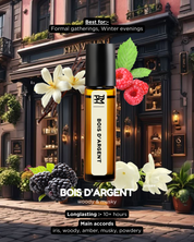 Bois d'Argent perfume bottle with flowers and berries in front of a building