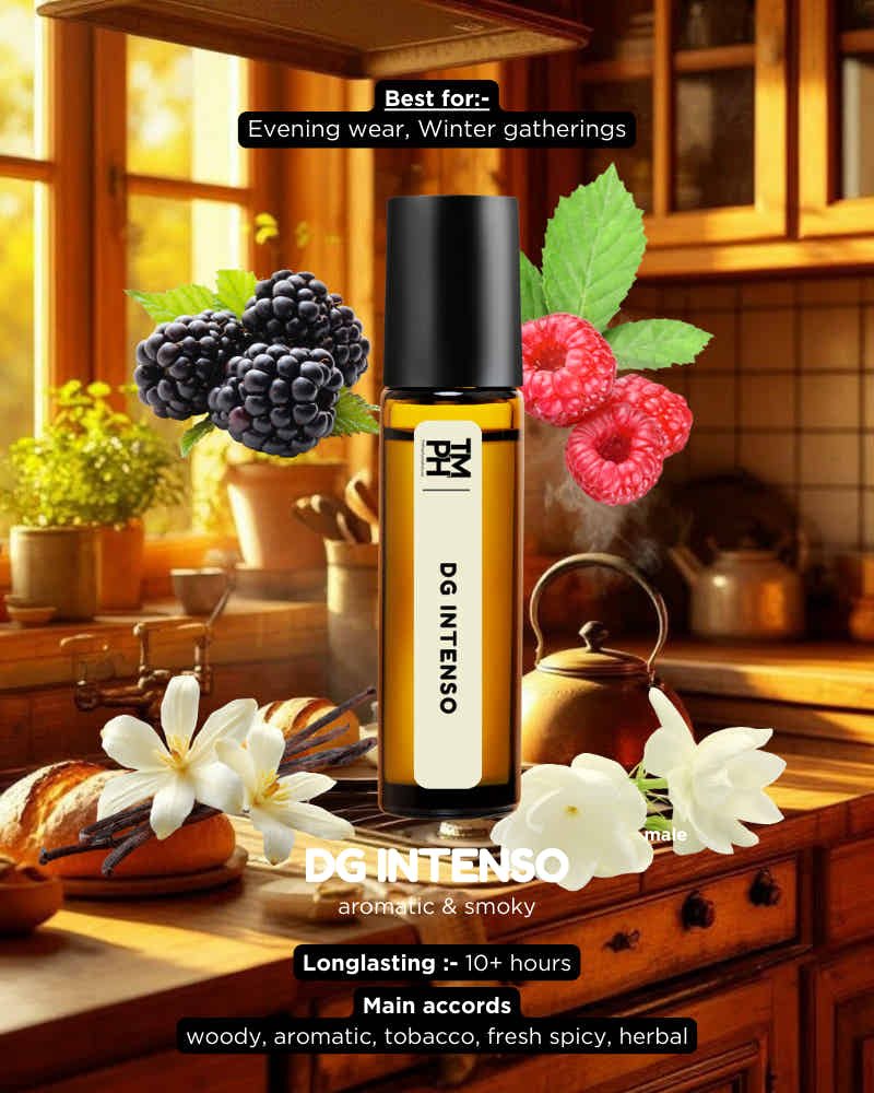DG Intenso perfume bottle with blackberries, raspberries, and flowers on a wooden surface.