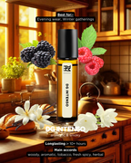 DG Intenso perfume bottle with blackberries, raspberries, and flowers on a wooden surface.