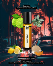 Roll-on bottle labeled 'Label Blue' with lemons and palm trees in the background