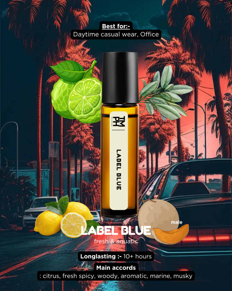 Roll-on bottle labeled 'Label Blue' with lemons and palm trees in the background