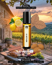 G Vetiver cologne bottle with lemon, vetiver roots, and a scenic background