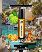 L'Homme Cologne bottle with scenic background of a coastal town.