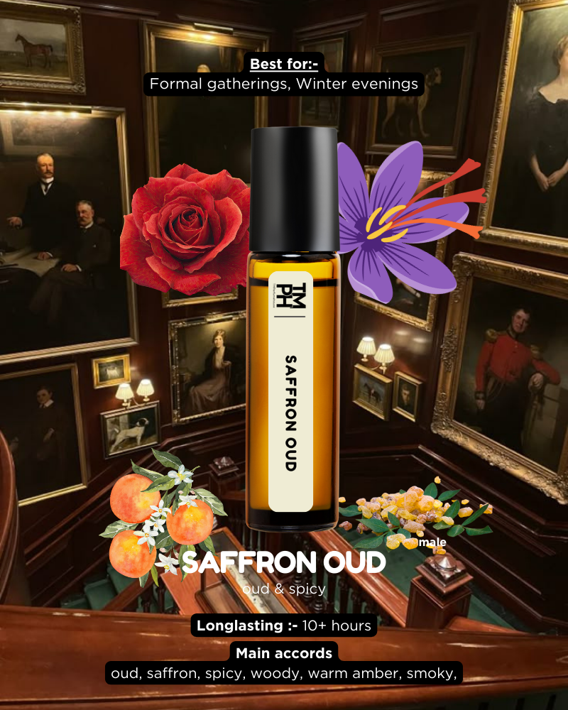 Saffron Oud perfume bottle with decorative elements in a formal setting