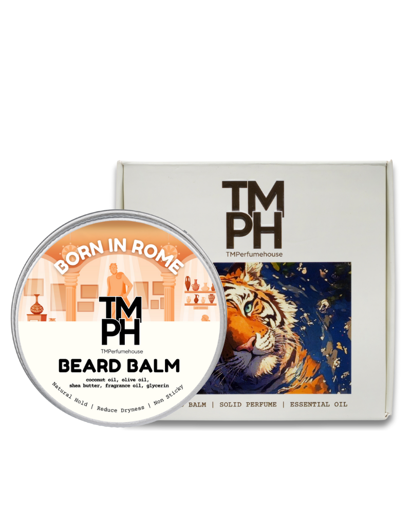 TM PH beard balm container with packaging featuring a tiger illustration on a white background