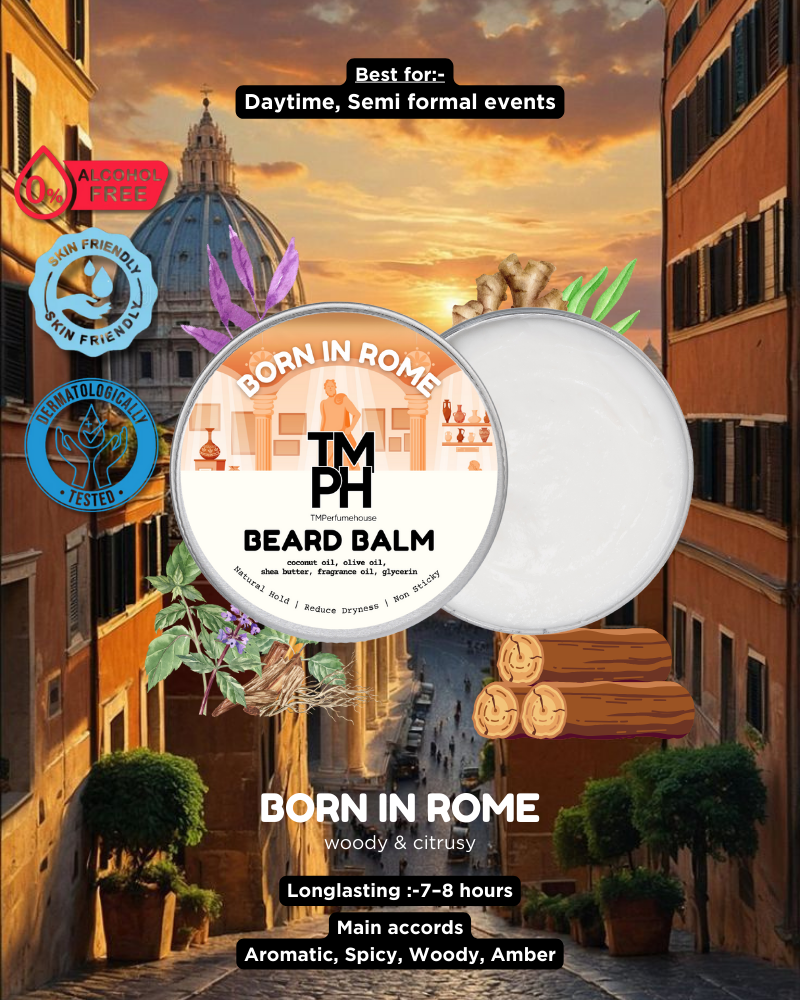 Beard balm packaging with scenic background and product details