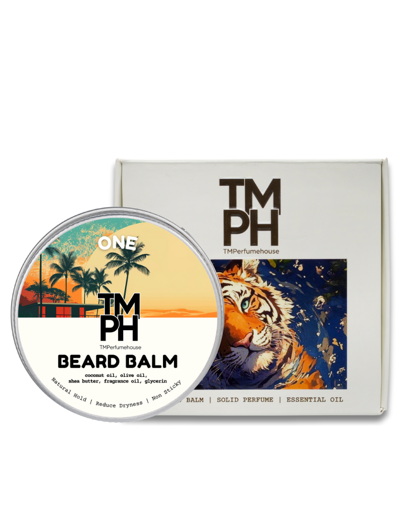 TM PH beard balm container with packaging featuring a tiger illustration on a white background