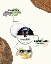 Beard balm container with notes on top, middle, and base notes on a white background