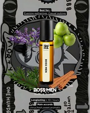 BOSS MEN perfume bottle with decorative elements on a branded background