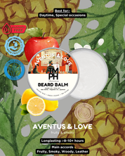 Beard balm container with brand logo and product details on a nature-themed background