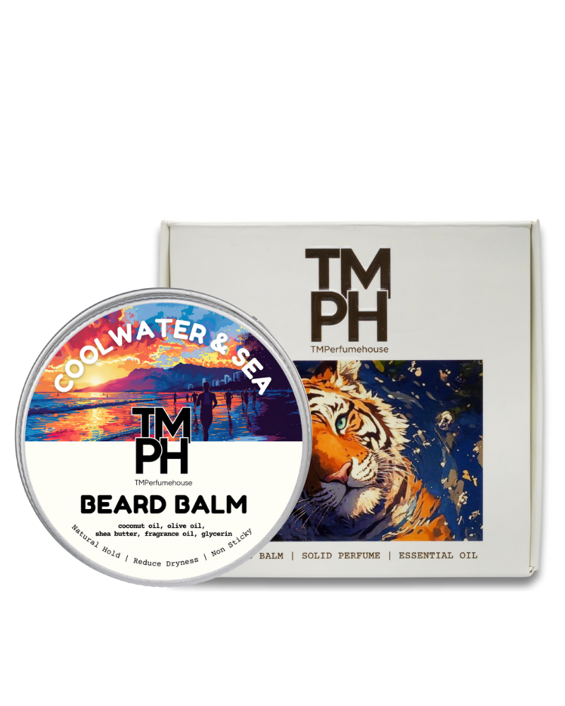 TM PH beard balm container with packaging featuring a tiger and scenic design.