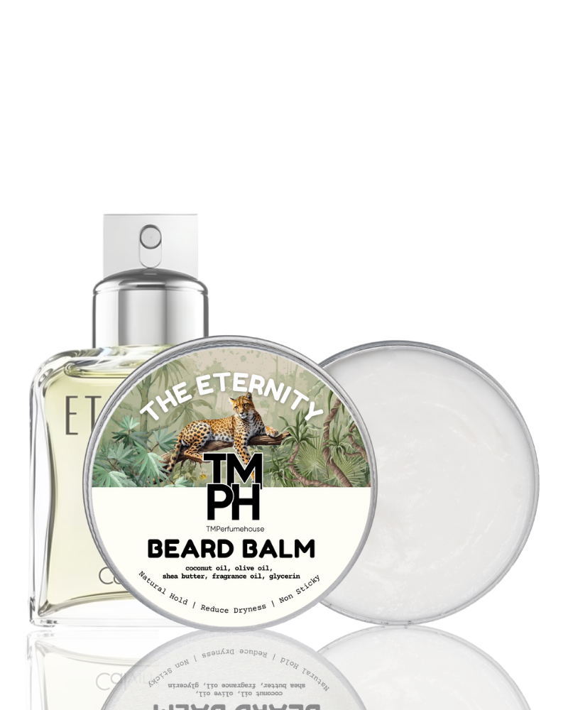 TM PH Eternity perfume bottle and beard balm on a white background