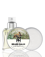 TM PH Eternity perfume bottle and beard balm on a white background