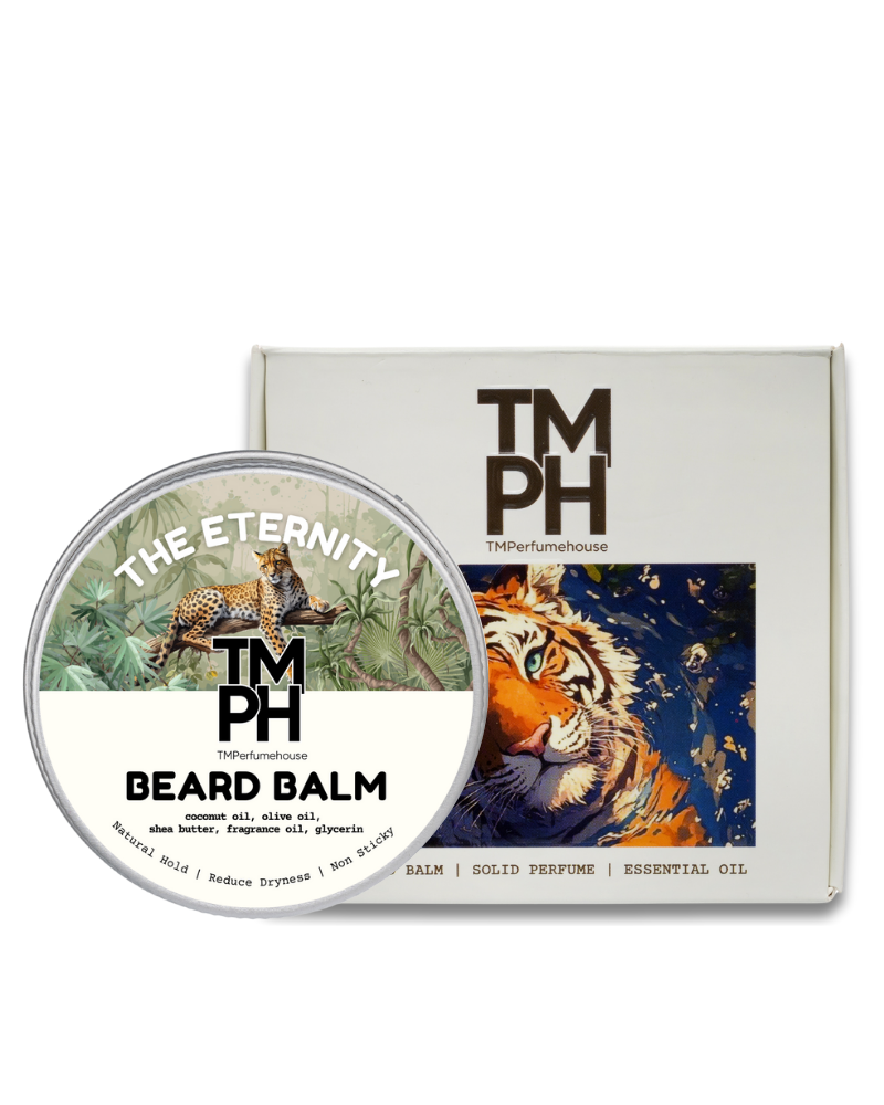 Beard balm container with 'TM PH' branding and tiger design on a white background