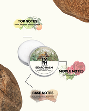 Beard balm container with notes on top, middle, and base notes on a white background