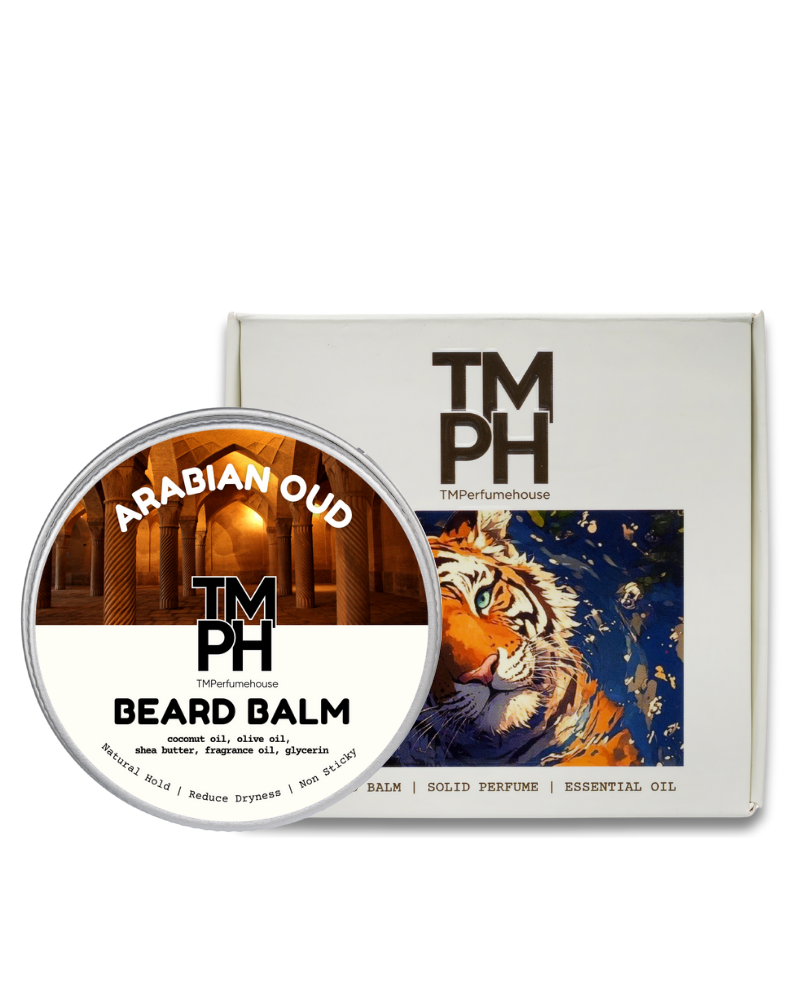 Beard balm container with 'TM PH' branding and a tiger illustration on the packaging.