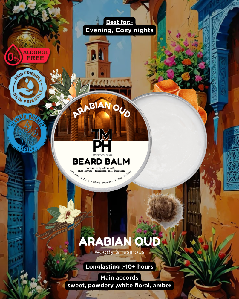 Beard balm container labeled 'TM PH' with decorative background