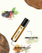 Roll-on bottle with botanical elements and notes on a white background