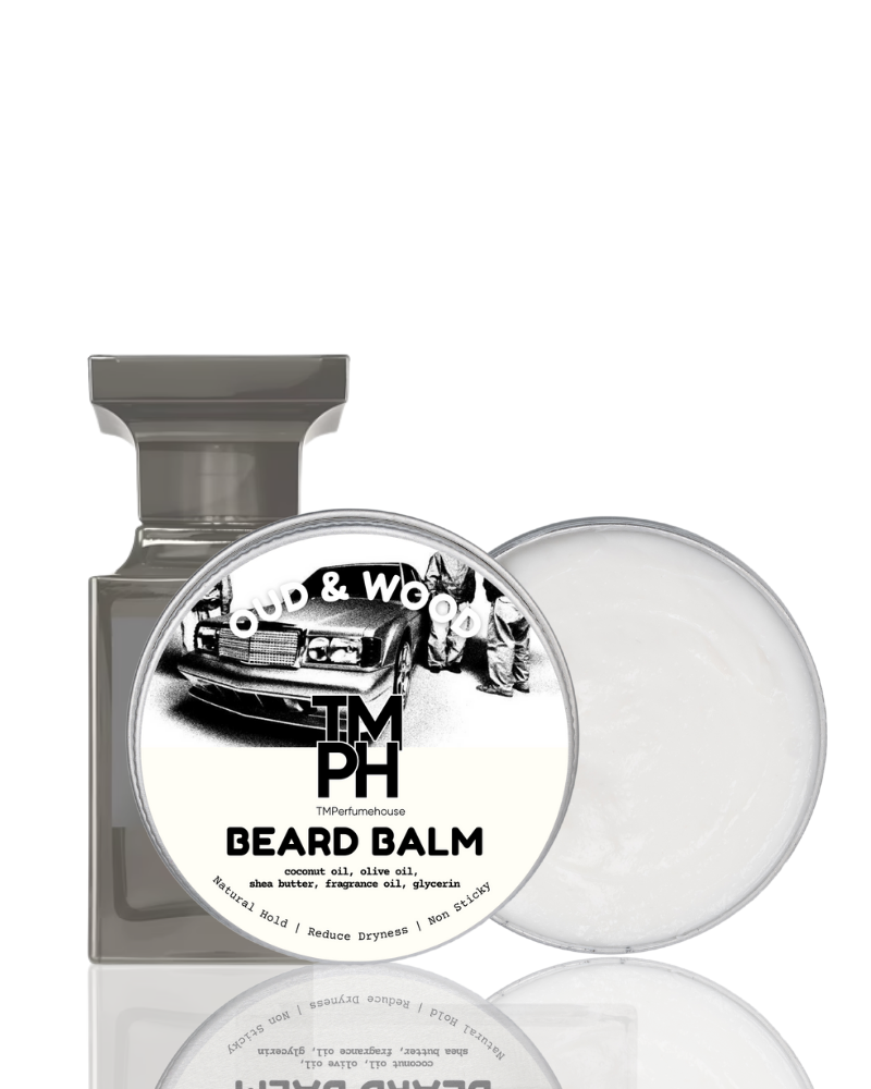 Beard balm packaging with branding on a white background