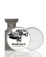 Beard balm packaging with branding on a white background