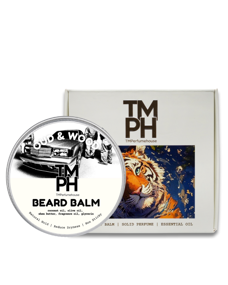 TM PH beard balm container with tiger design on packaging