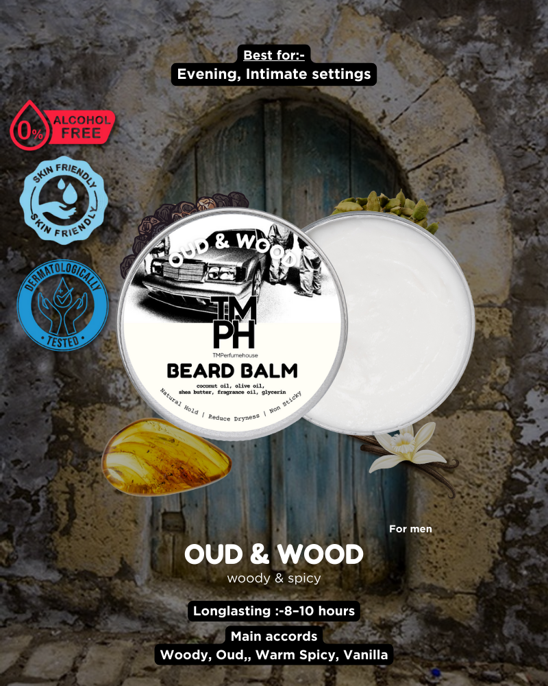 Beard balm container with branding and product details on a rustic stone wall background