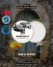 Beard balm container with branding and product details on a rustic stone wall background