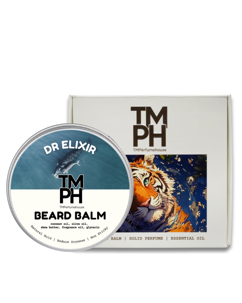 Beard balm container with tiger design packaging on a white background