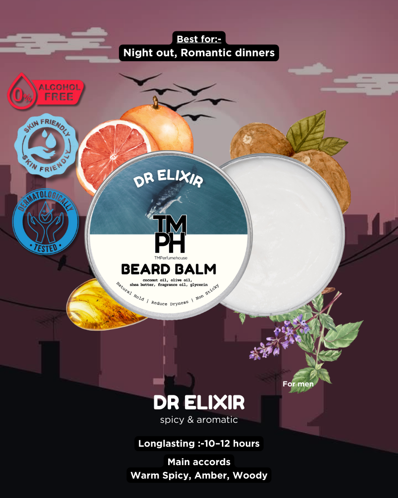 Dr Elixir TM PH Beard Balm packaging with fruit and plant elements on a cityscape background