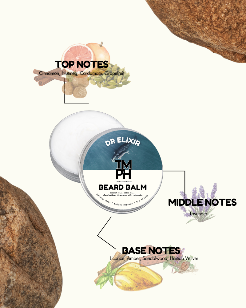 Beard balm container with notes on top, middle, and base scents on a white background