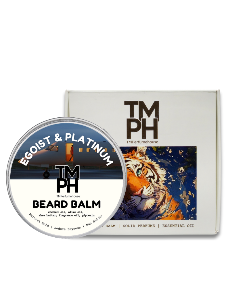 Beard balm container with packaging featuring a tiger design and 'TM PH' branding.
