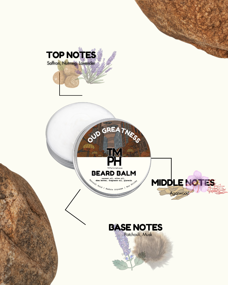 Beard balm container with notes on top, middle, and base scents on a white background