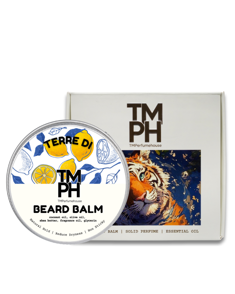 Beard balm container with tiger illustration and TM PH branding on a white background