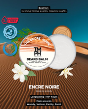 Beard balm packaging with branding and product details on a textured background